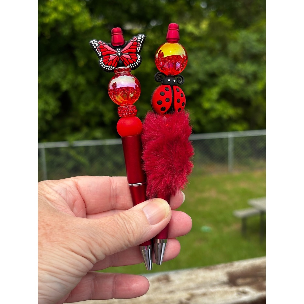 Handmade Beaded Pen Set Red Butterfly Ladybug I Have A Flight Plan Pom Pom 2pc